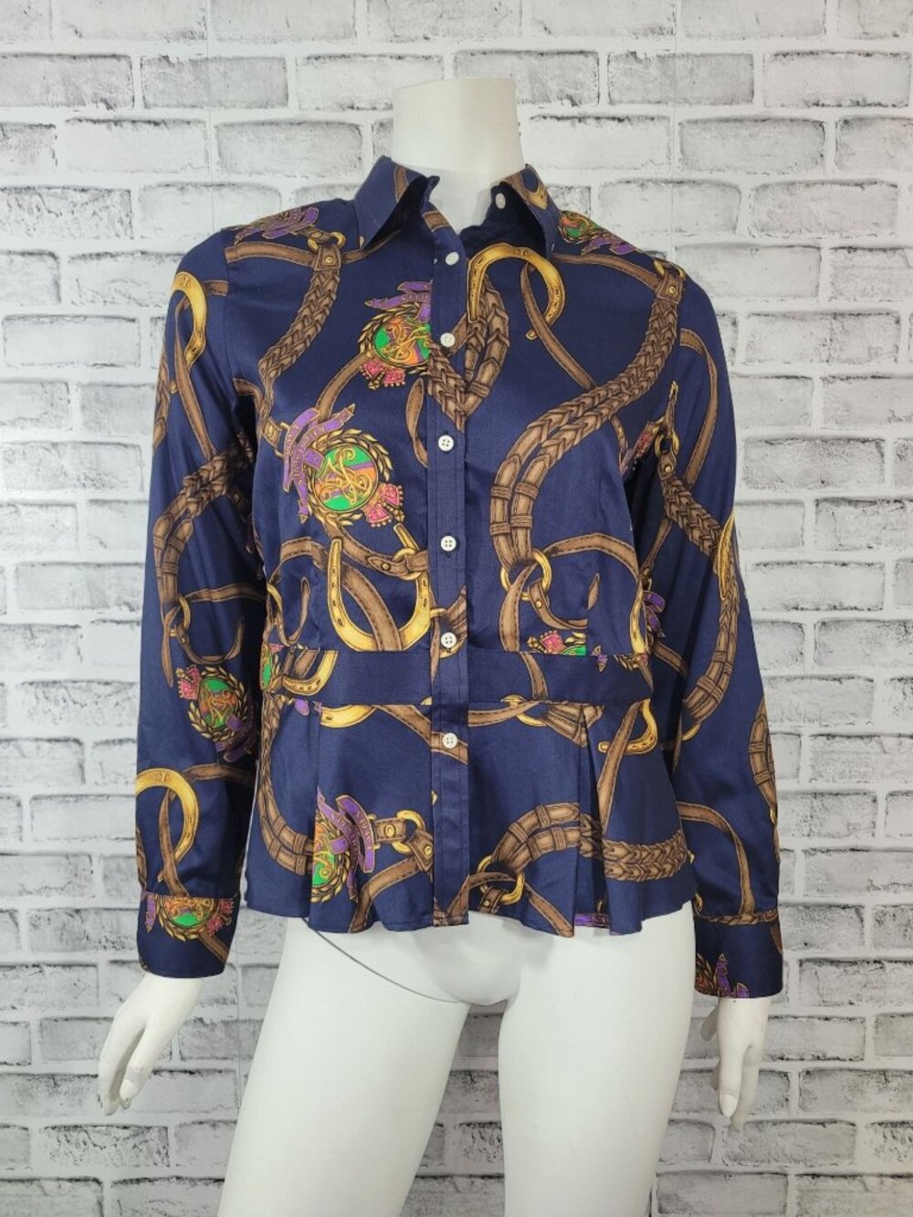 NWOT Lauren Ralph Lauren Equestrian Peplum Blouse Horse Bit Navy Size 6